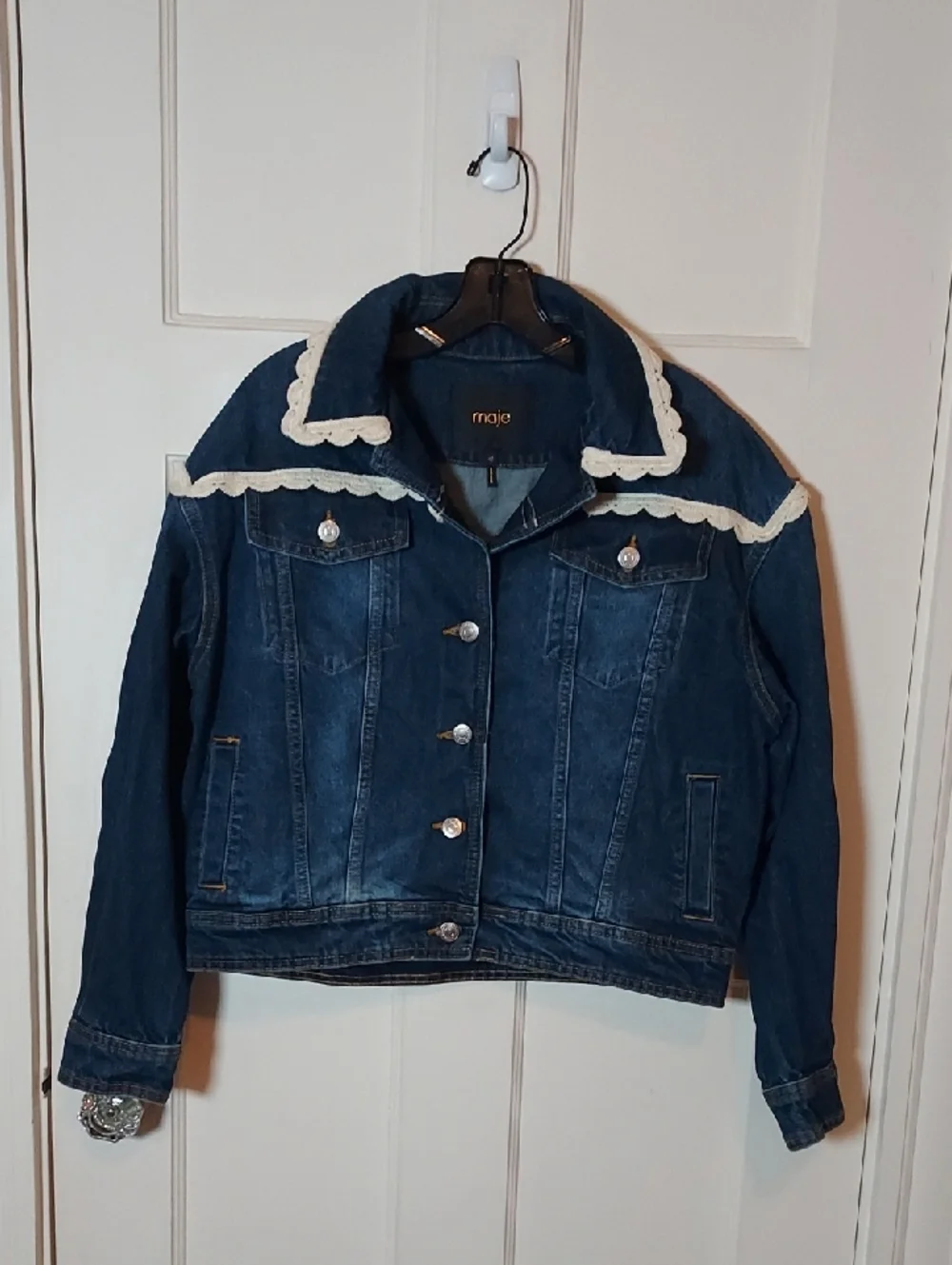 Maje Denim Jacket With Crochet Hook Finishes Size 40 US Sz Large - Picture 5 of 16